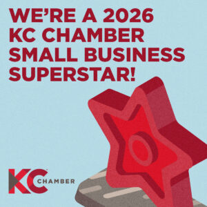 Graphic announcing First Mate Heating & Cooling as a 2026 KC Chamber Small Business Superstar with a red star award and KC Chamber logo.